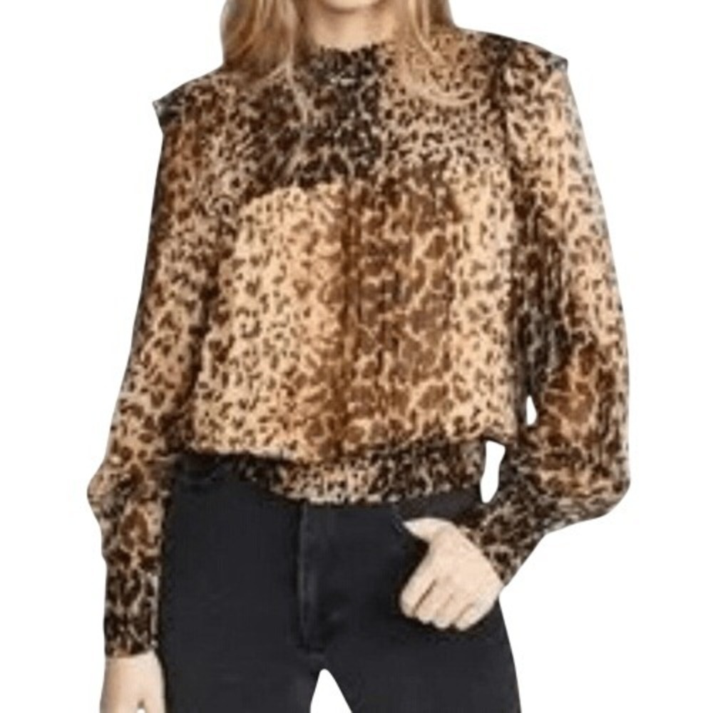 FREE PEOPLE Roma Leopard‎ Print Long Sleeve Chiffon Blouse EUC Size Medium